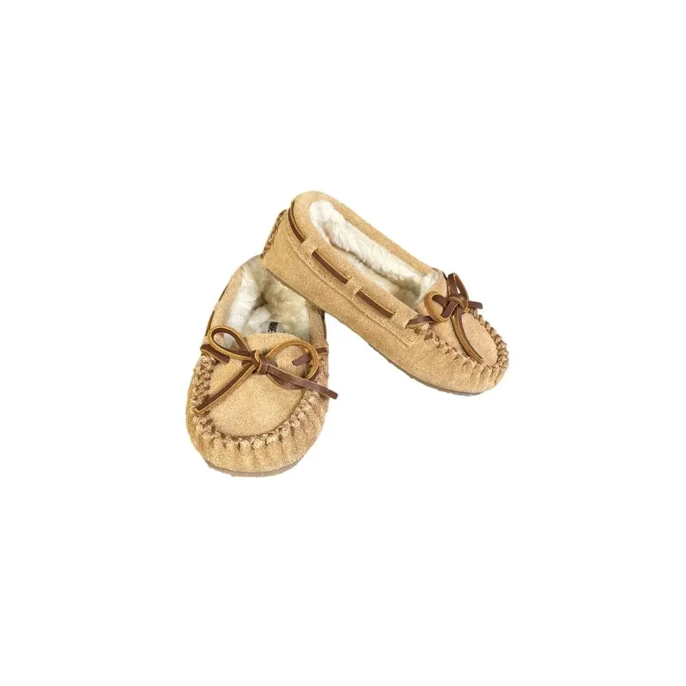 Minnetonka Toddler Tan Leather Moccasin Slippers With Faux Fur Lining Size-7